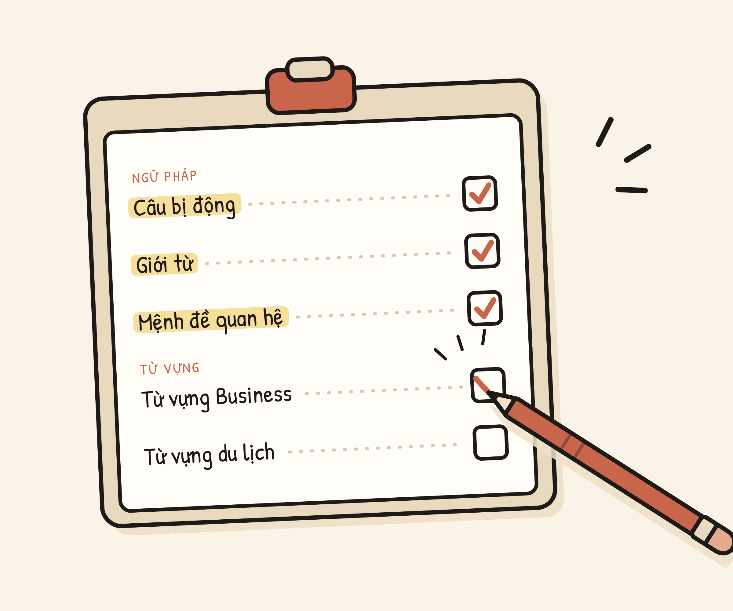 Tờ checklist ngữ pháp đã được tick, từ vựng Business đang được gạch và từ vựng du lịch còn trống